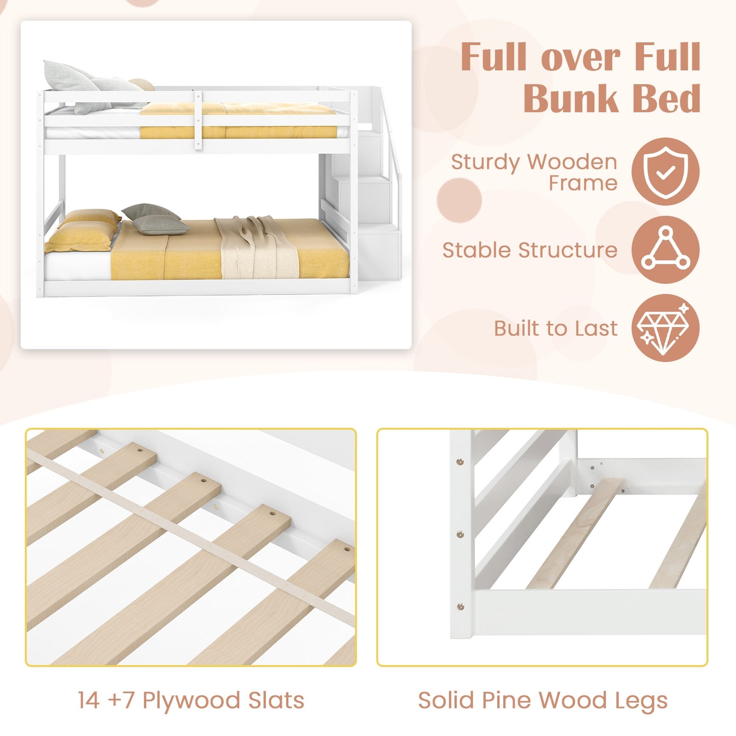 Solid Wood Full Over Full Bunk Bed with Built-In Storage Stairs and Safety Guardrails