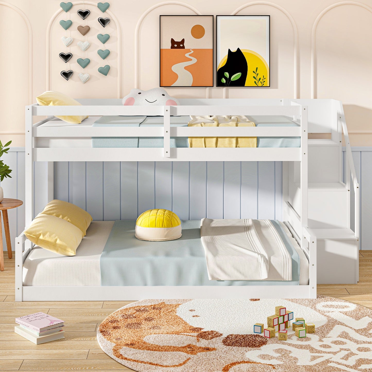 Solid Wood Twin Over Full Bunk Bed with Storage Stairs and Safety Guardrails