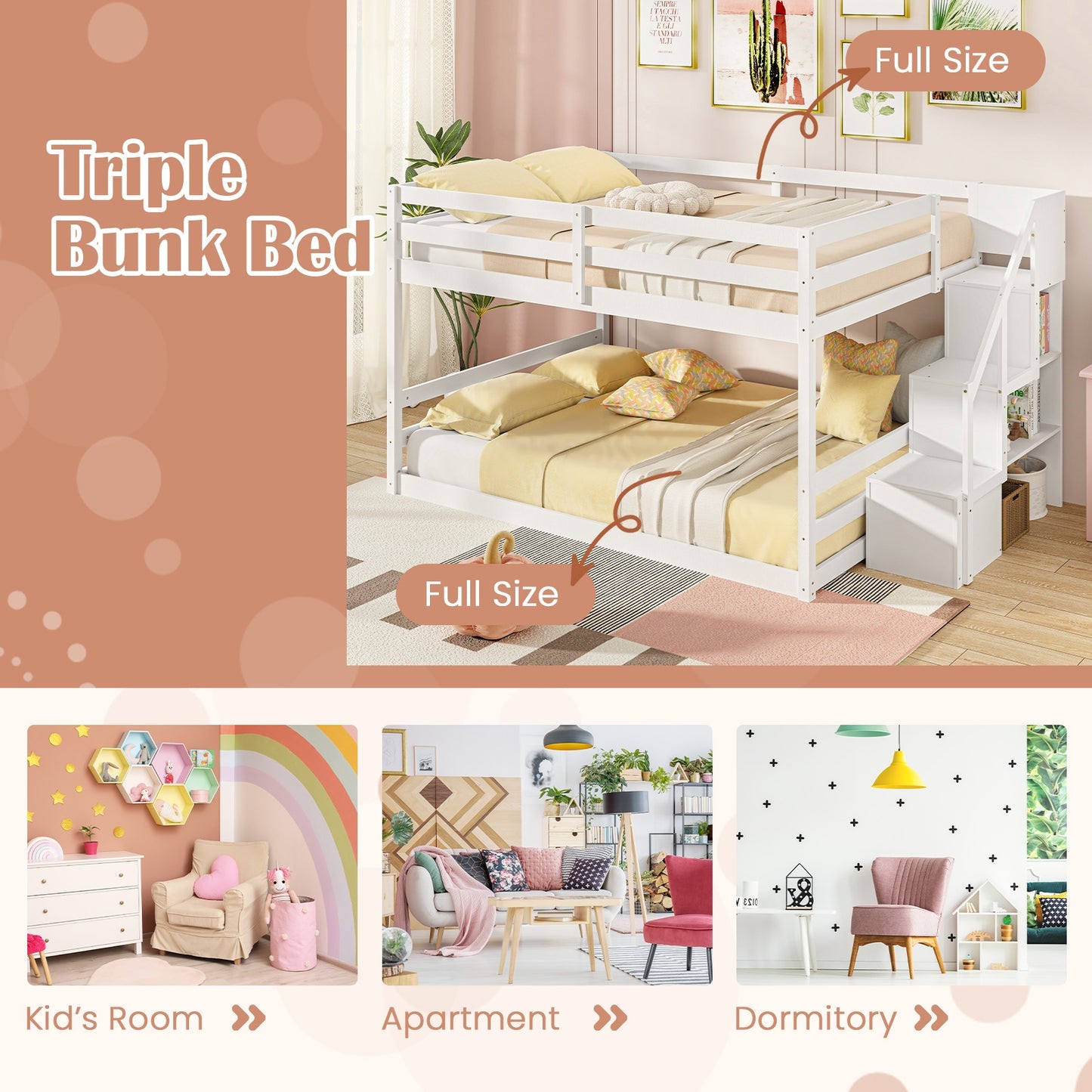 Solid Wood Full Over Full Bunk Bed with Built-In Storage Stairs and Safety Guardrails