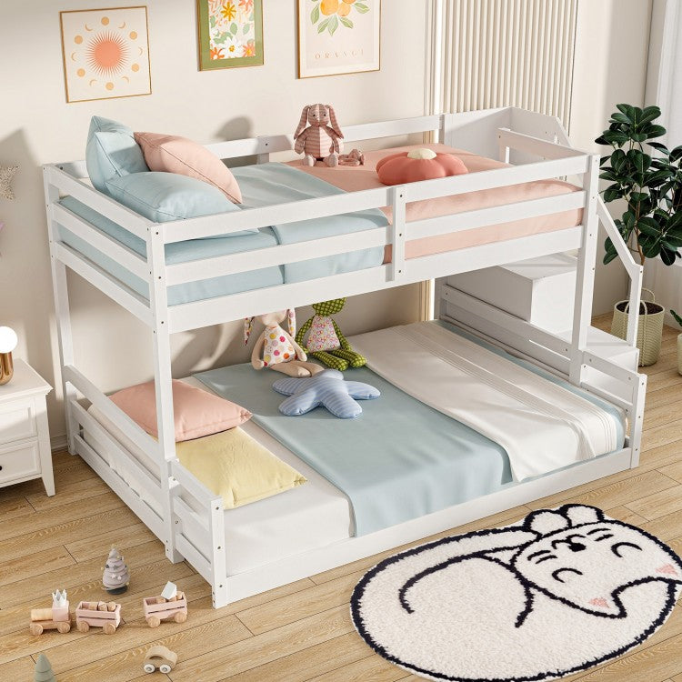 Solid Wood Twin Over Full Bunk Bed with Storage Stairs and Safety Guardrails