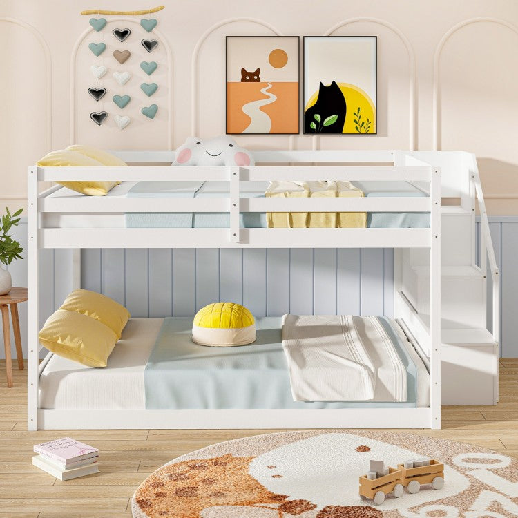 Solid Wood Full Over Full Bunk Bed with Built-In Storage Stairs and Safety Guardrails