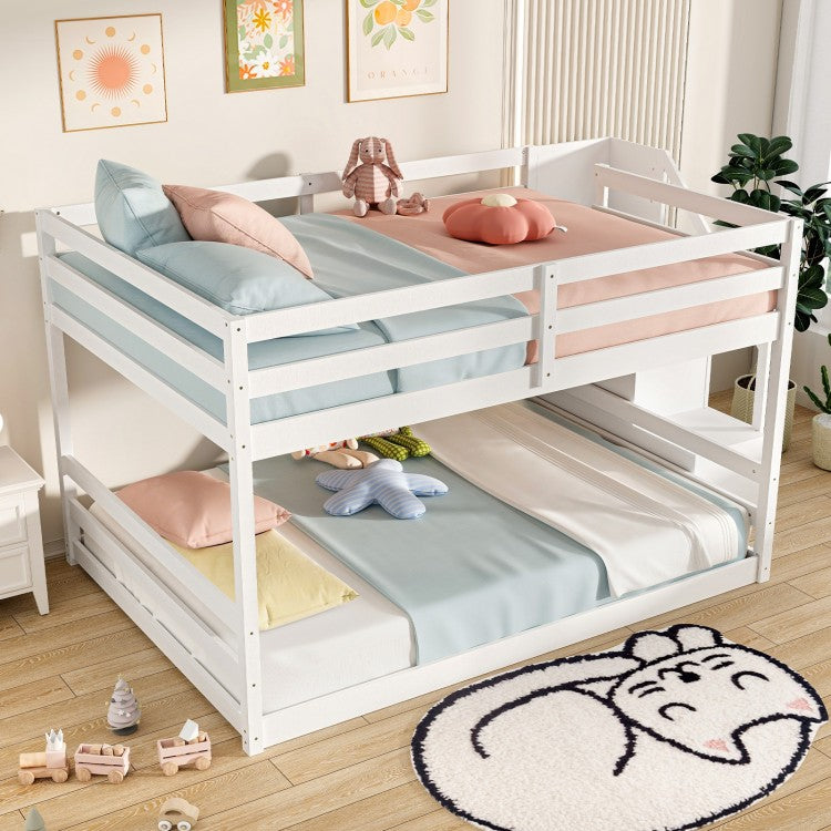 Solid Wood Full Over Full Bunk Bed with Built-In Storage Stairs and Safety Guardrails