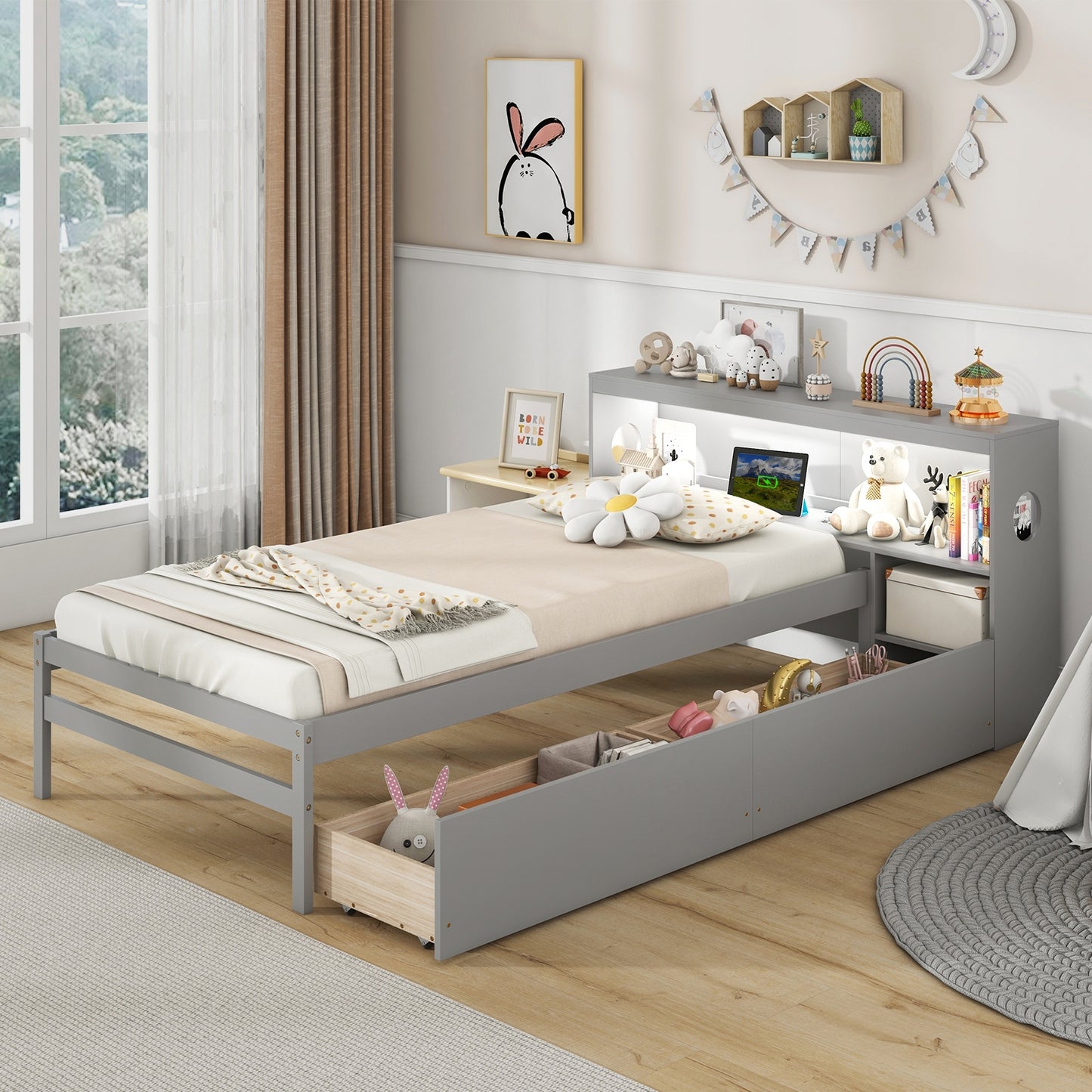 Twin Bed with LED Light, Storage Headboard, Built-in Nightstand and Drawers Grey
