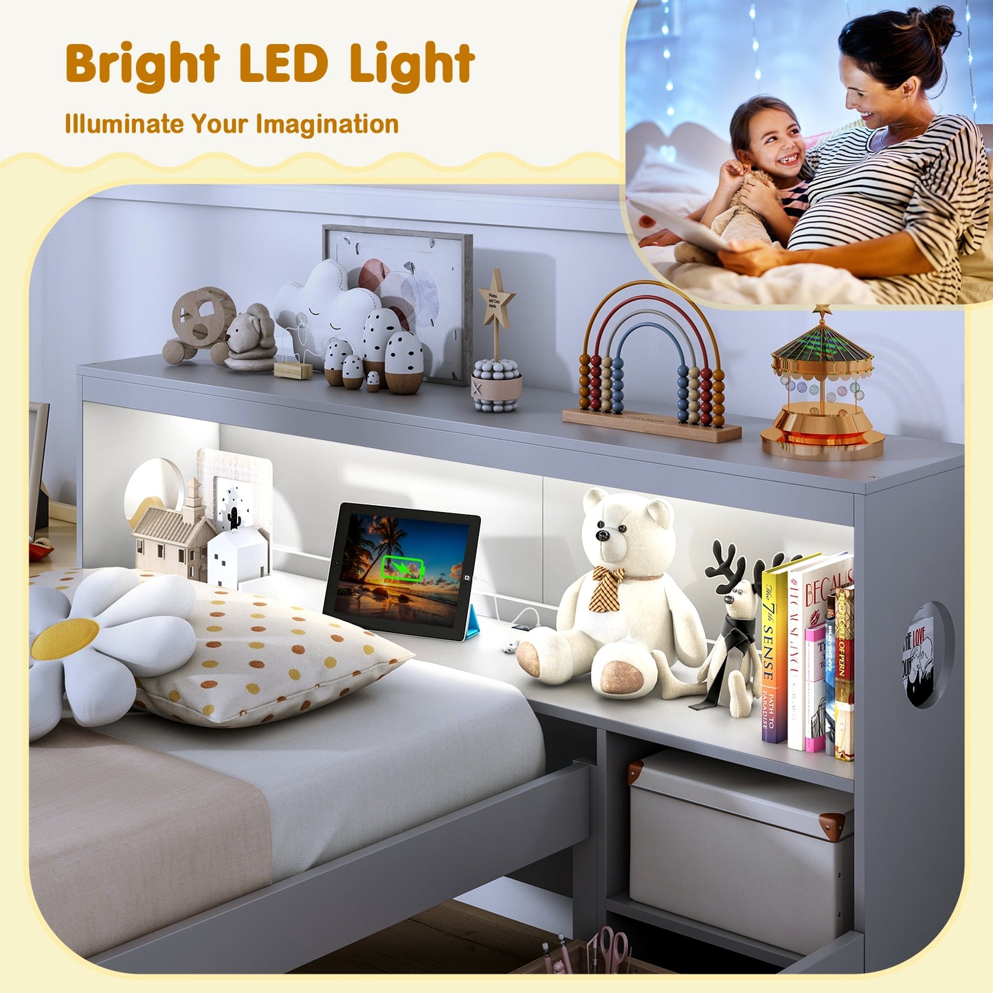 Twin Bed with LED Light, Storage Headboard, Built-in Nightstand and Drawers Grey