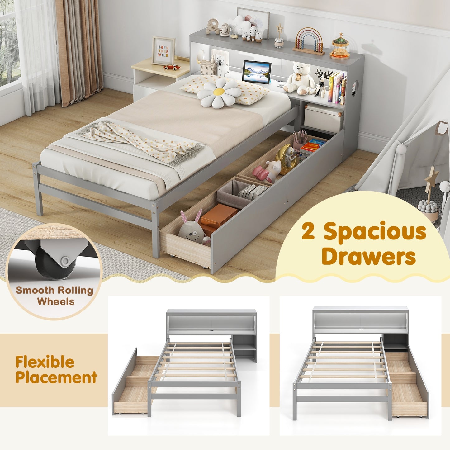Twin Bed with LED Light, Storage Headboard, Built-in Nightstand and Drawers Grey