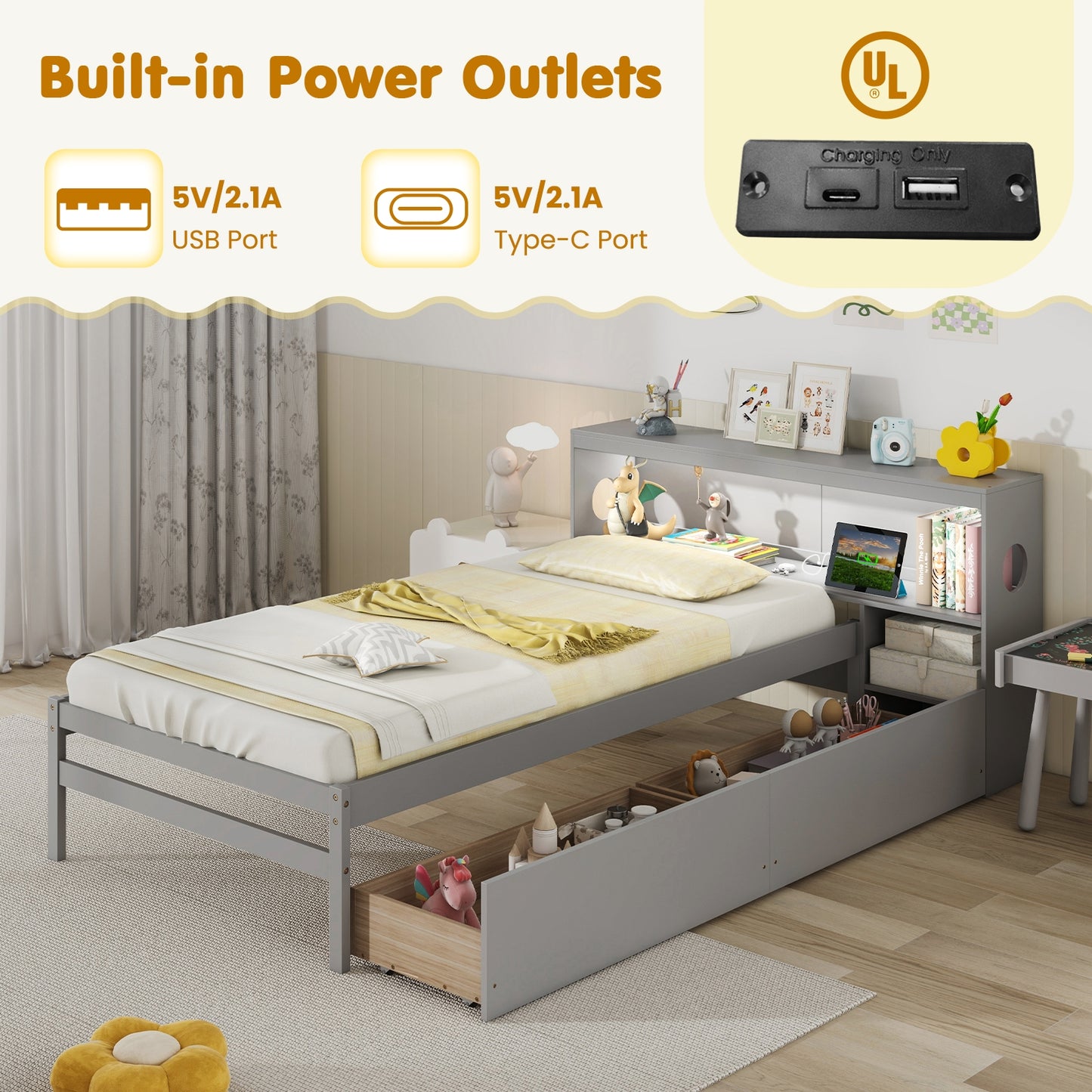 Twin Bed with LED Light, Storage Headboard, Built-in Nightstand and Drawers Grey