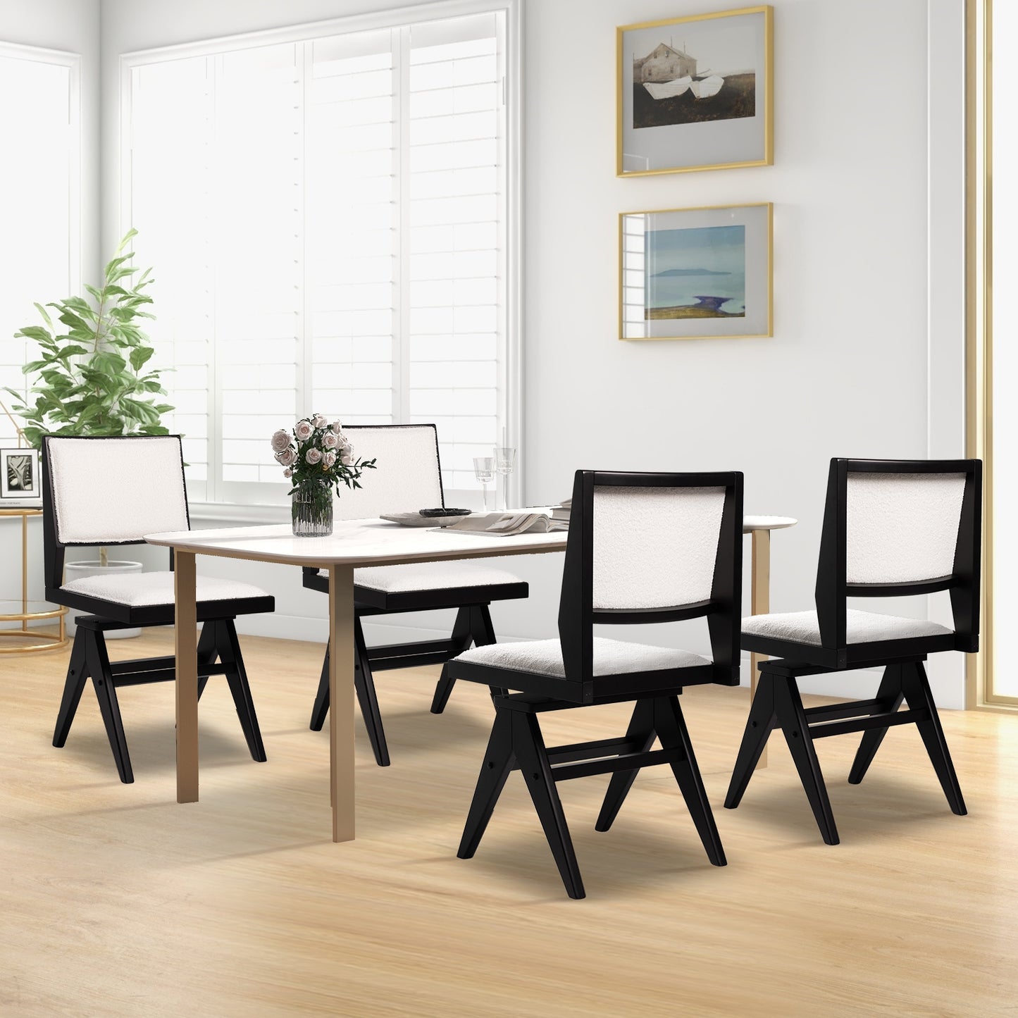 360 Degree Swivel Dining Chairs with Faux Sherpa Upholstery and Solid Rubber Wood Frame, Set of 2