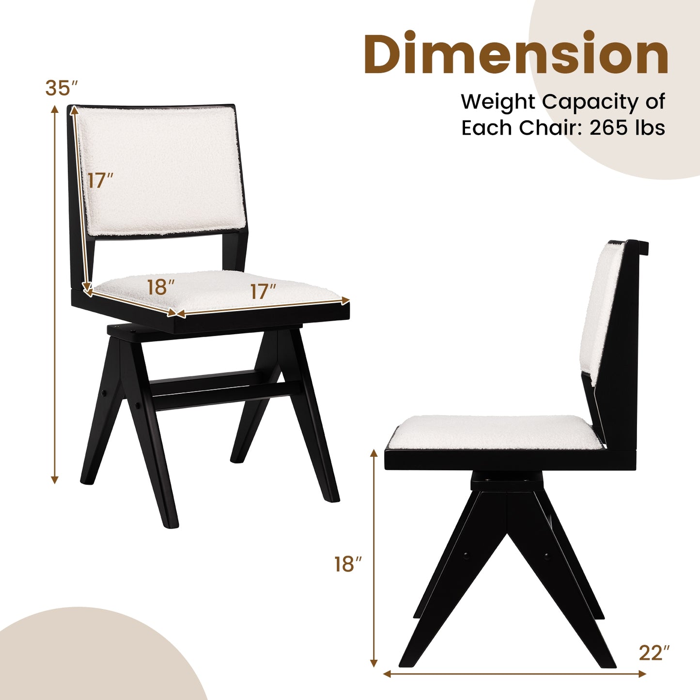 360 Degree Swivel Dining Chairs with Faux Sherpa Upholstery and Solid Rubber Wood Frame, Set of 2