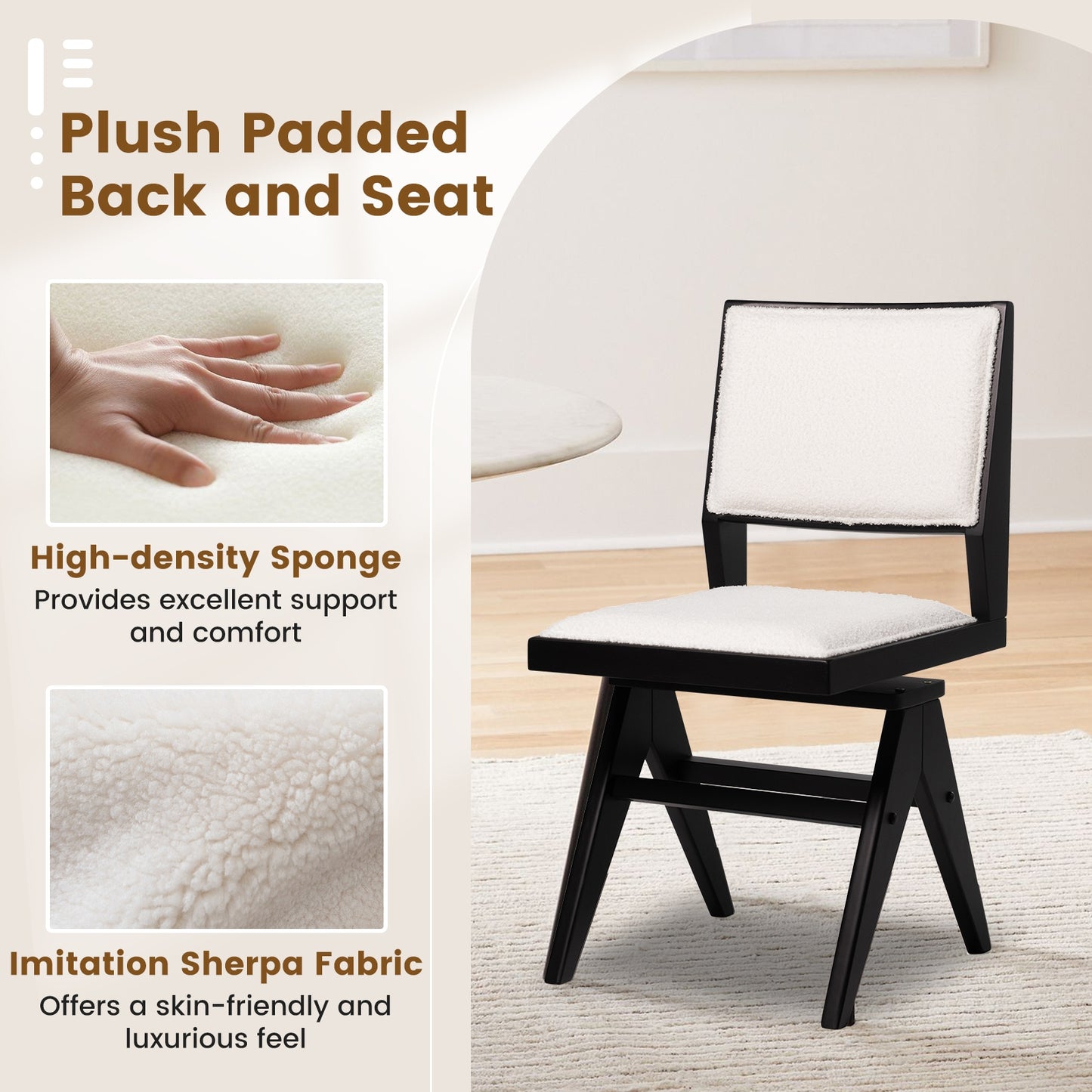 360 Degree Swivel Dining Chairs with Faux Sherpa Upholstery and Solid Rubber Wood Frame, Set of 2