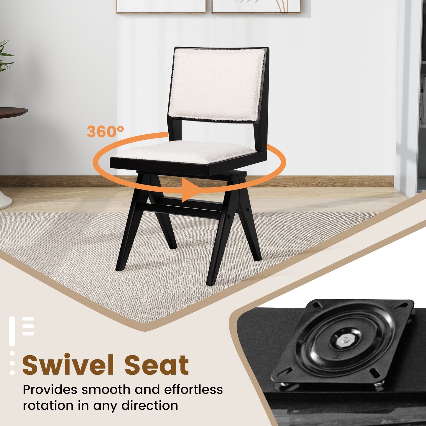 360 Degree Swivel Dining Chairs with Faux Sherpa Upholstery and Solid Rubber Wood Frame, Set of 2