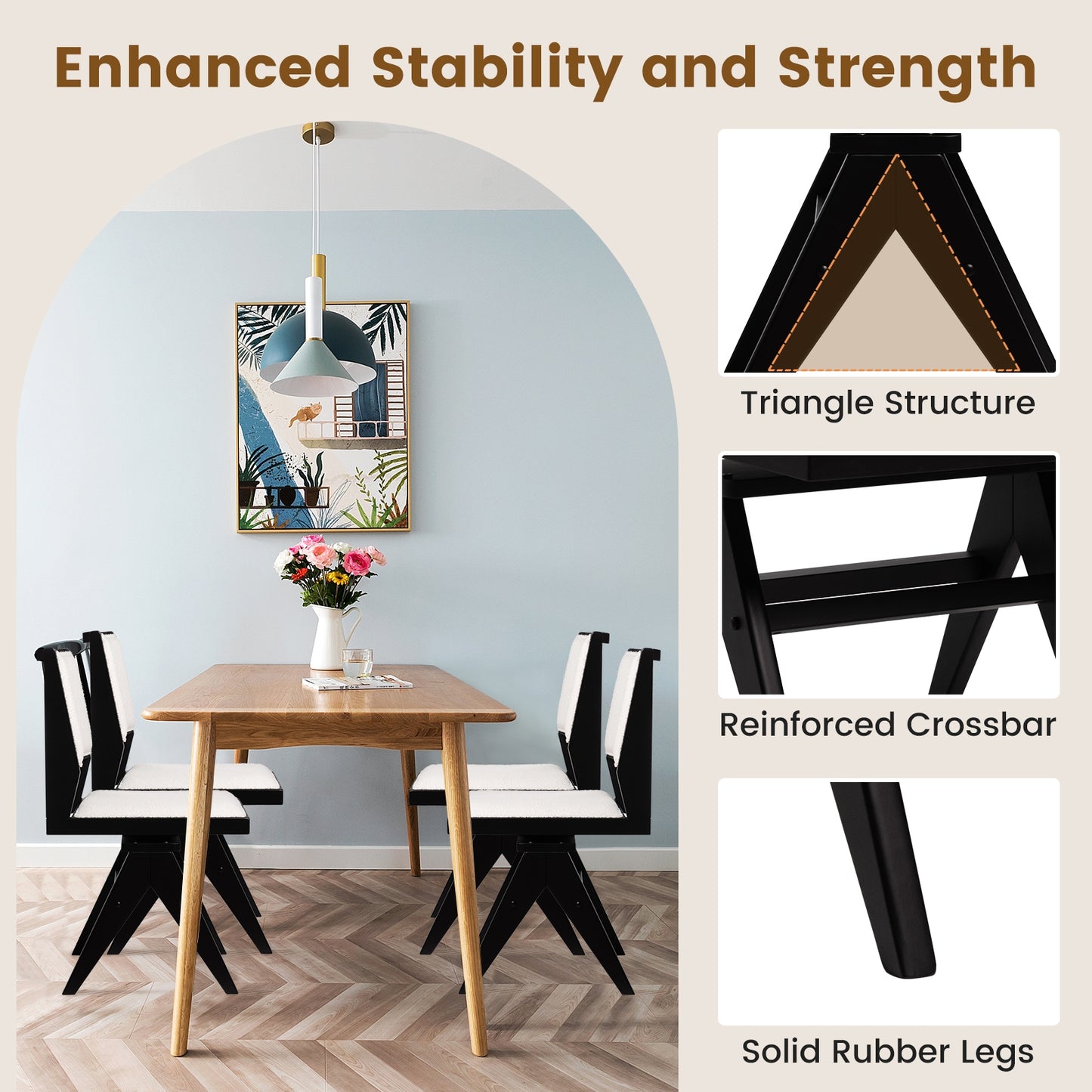360 Degree Swivel Dining Chairs with Faux Sherpa Upholstery and Solid Rubber Wood Frame, Set of 2