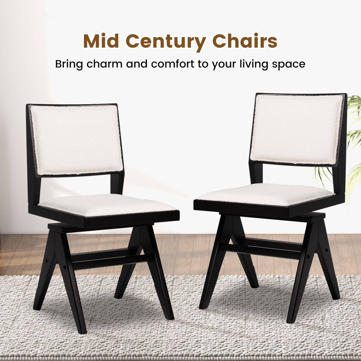 360 Degree Swivel Dining Chairs with Faux Sherpa Upholstery and Solid Rubber Wood Frame, Set of 2