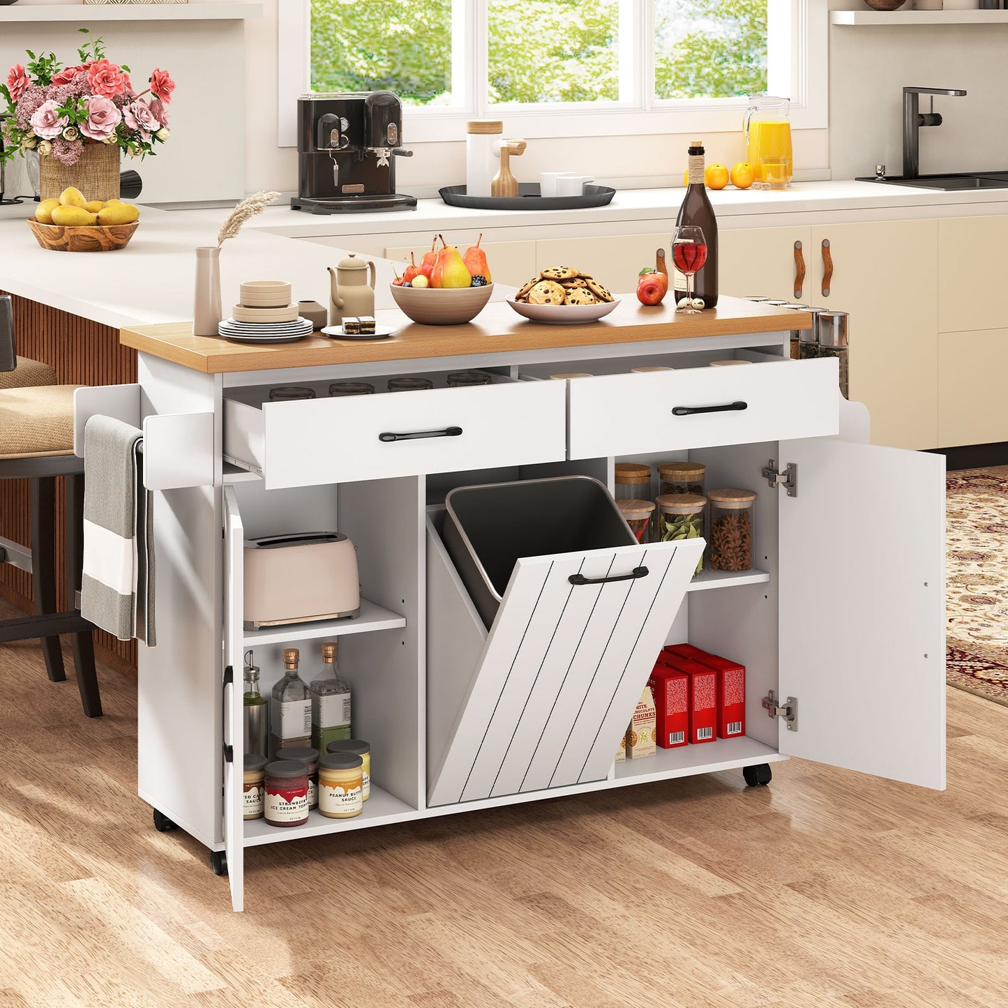 Rolling Kitchen Island Cart with Trash Cabinet Storage Drawers Adjustable Shelves and Spice Rack - White