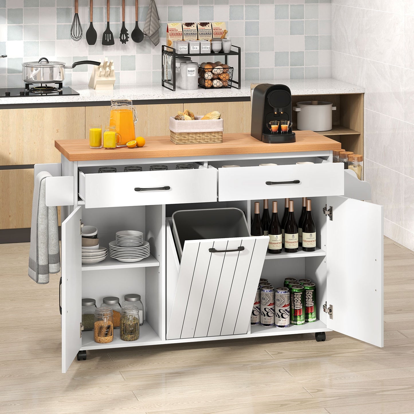 Rolling Kitchen Island Cart with Trash Cabinet Storage Drawers Adjustable Shelves and Spice Rack - White