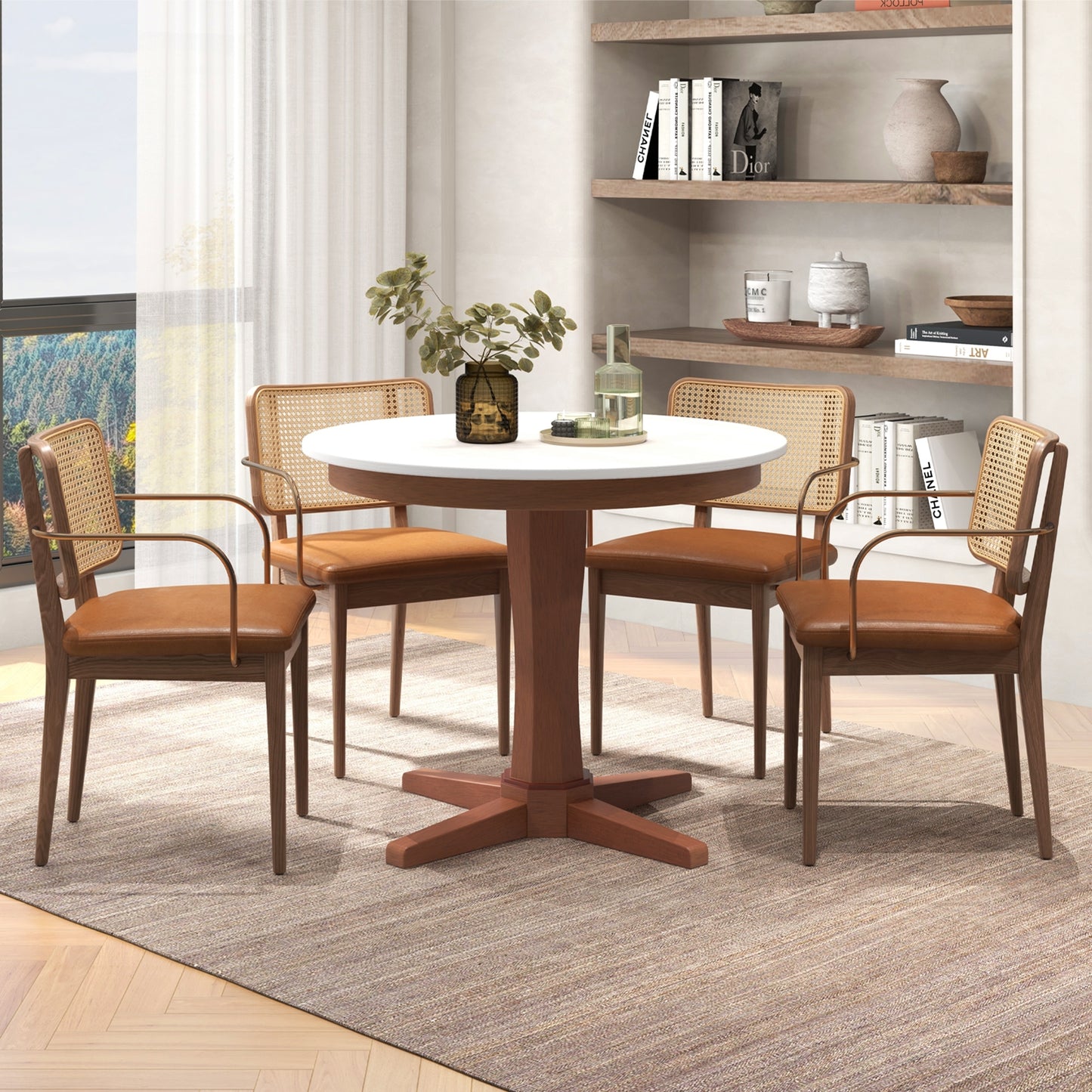 35 Inch Round Table for Dining Room with Stable Pedestal and Wood Finish