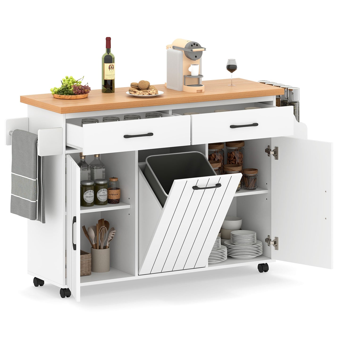 Rolling Kitchen Island Cart with Trash Cabinet Storage Drawers Adjustable Shelves and Spice Rack - White