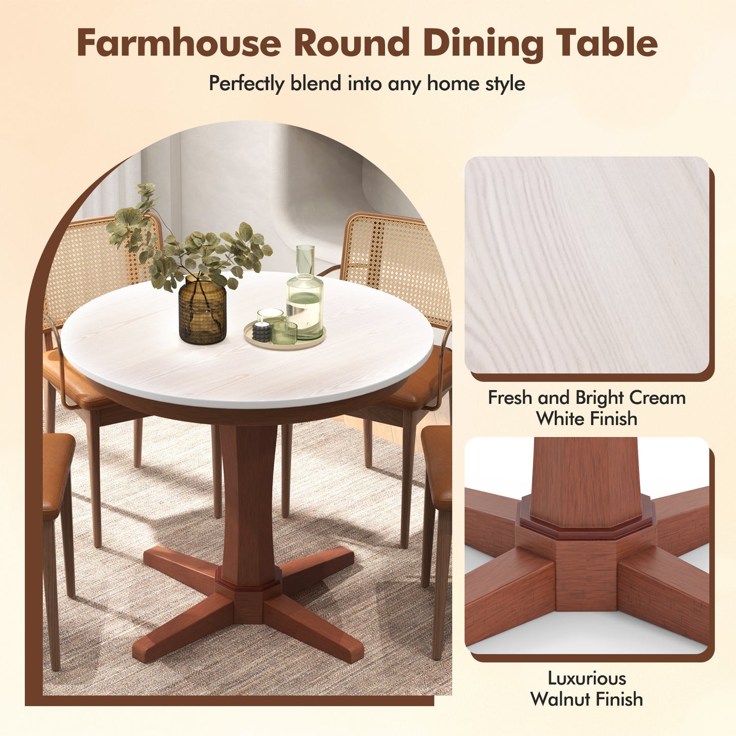 35 Inch Round Table for Dining Room with Stable Pedestal and Wood Finish