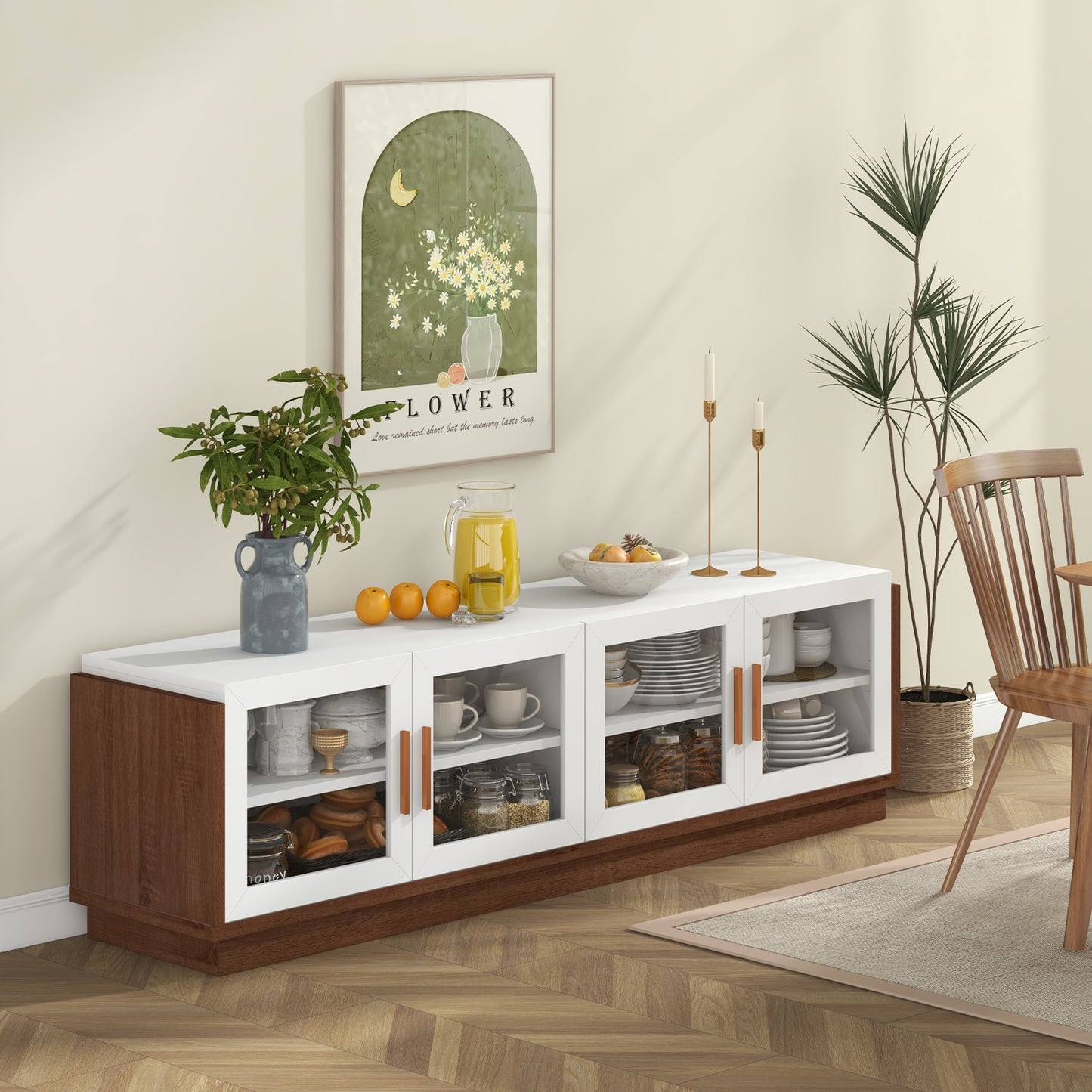 Modern TV Console with 4 Glass Door Cabinets for TVs up to 75 Inches - White