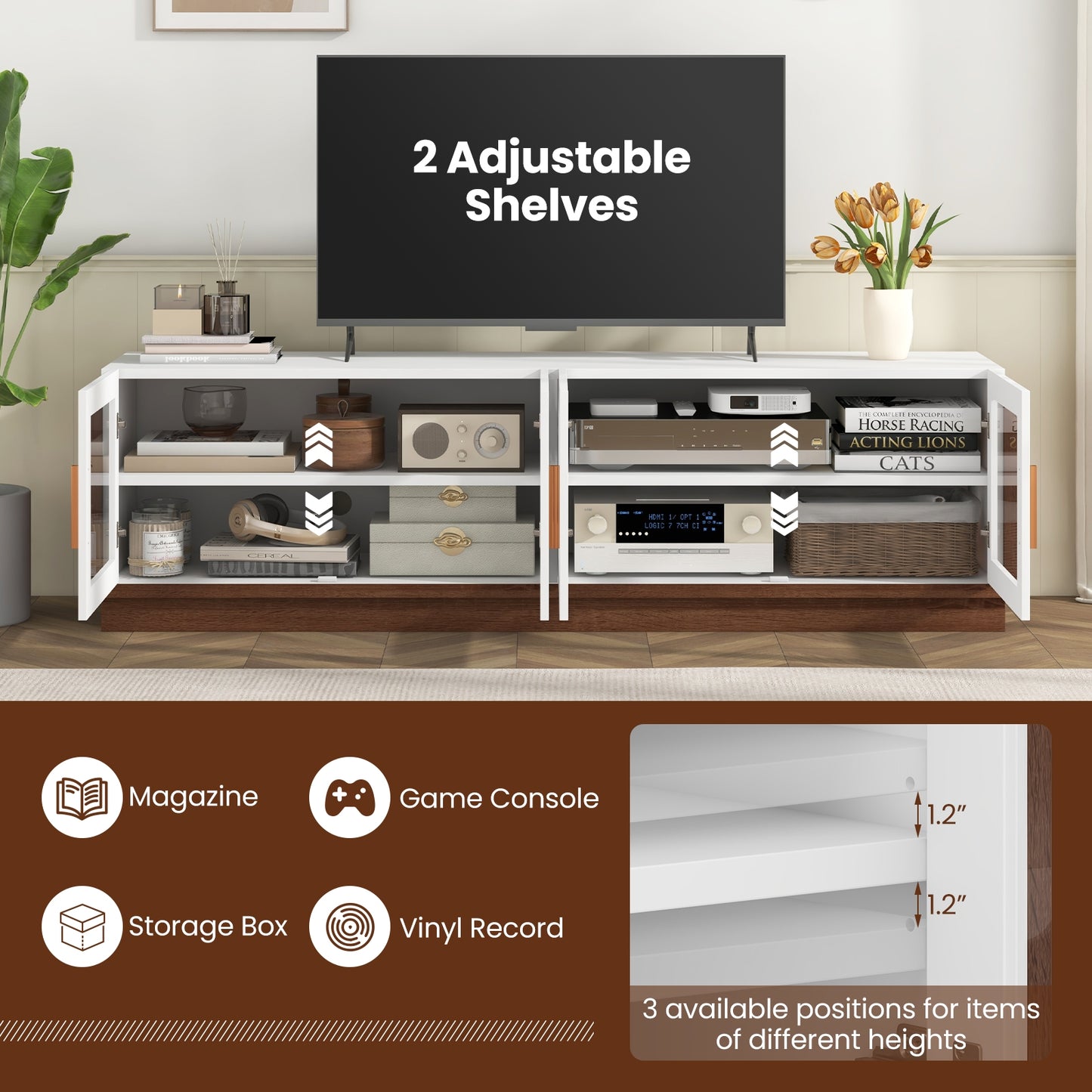 Modern TV Console with 4 Glass Door Cabinets for TVs up to 75 Inches - White