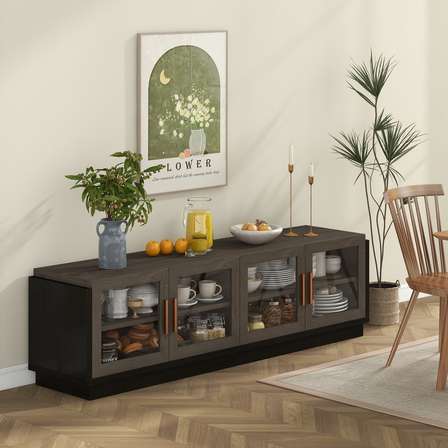 Modern TV Console with 4 Glass Door Cabinets for TVs up to 75 Inches - Grey