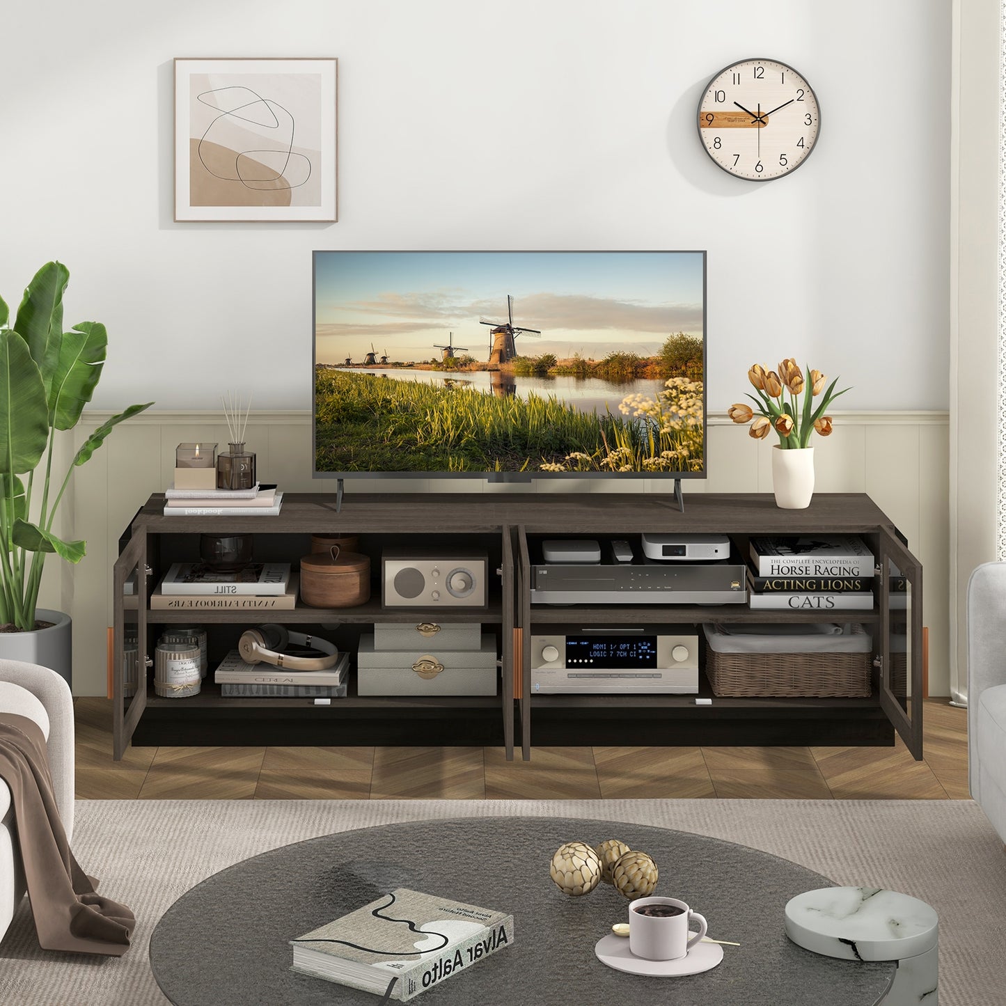 Modern TV Console with 4 Glass Door Cabinets for TVs up to 75 Inches - Grey