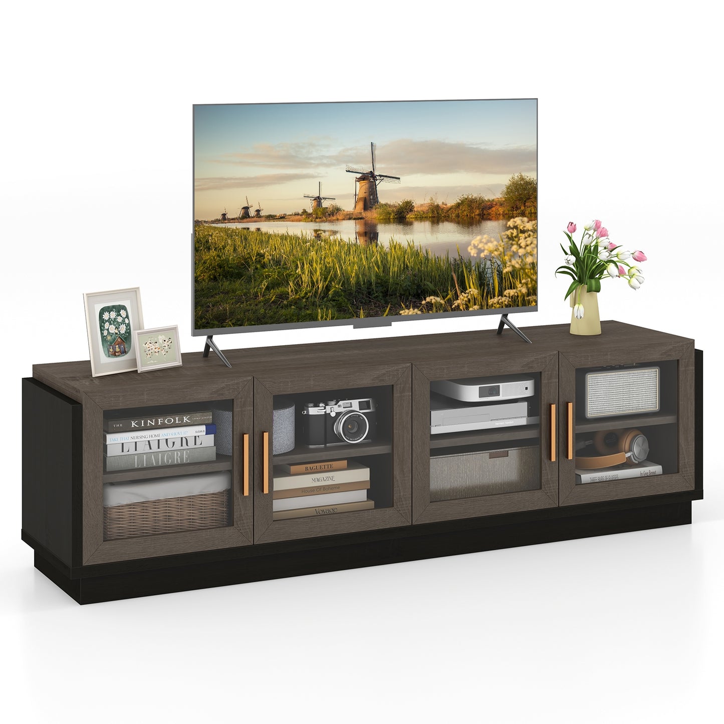 Modern TV Console with 4 Glass Door Cabinets for TVs up to 75 Inches - Grey