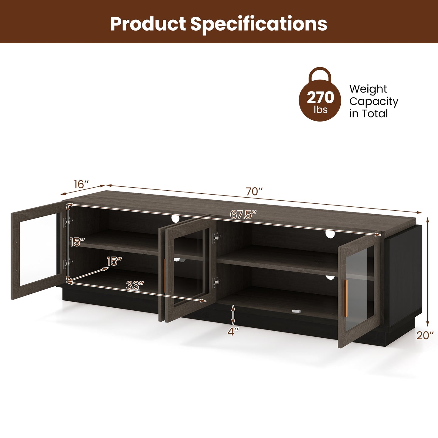 Modern TV Console with 4 Glass Door Cabinets for TVs up to 75 Inches - Grey