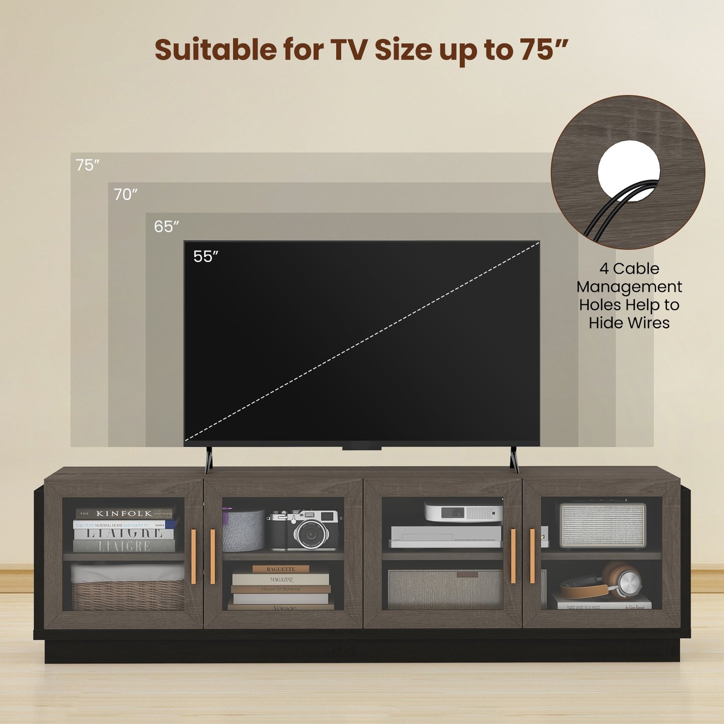 Modern TV Console with 4 Glass Door Cabinets for TVs up to 75 Inches - Grey