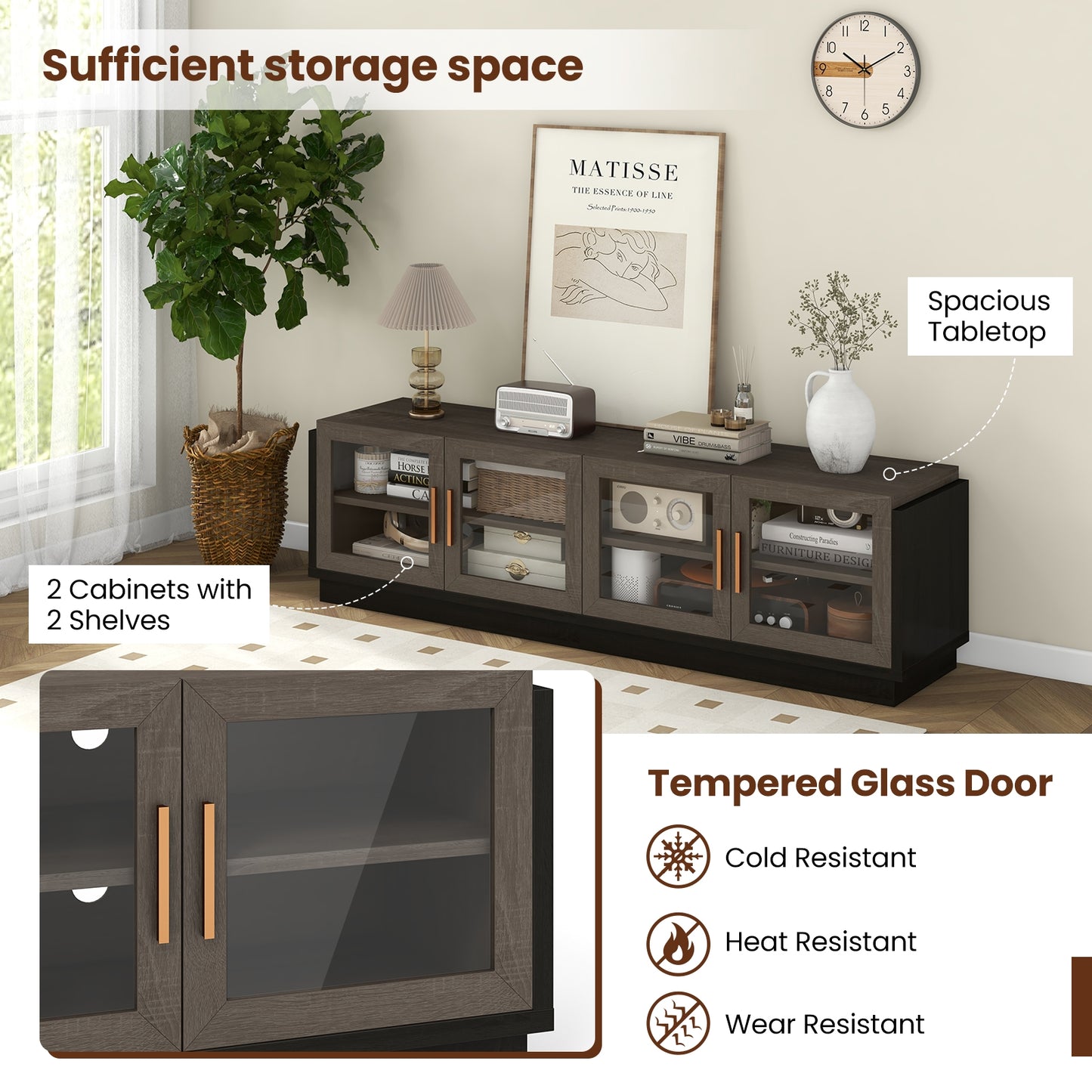 Modern TV Console with 4 Glass Door Cabinets for TVs up to 75 Inches - Grey