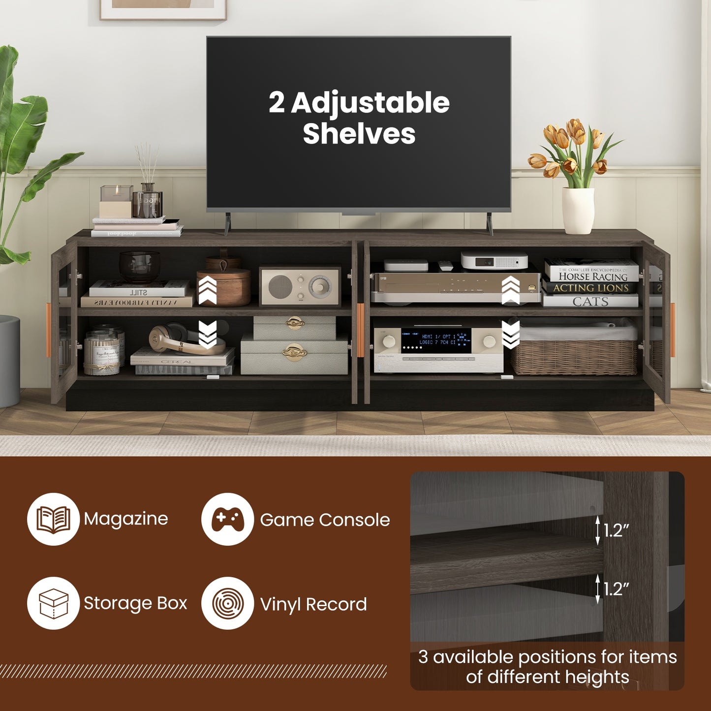 Modern TV Console with 4 Glass Door Cabinets for TVs up to 75 Inches - Grey