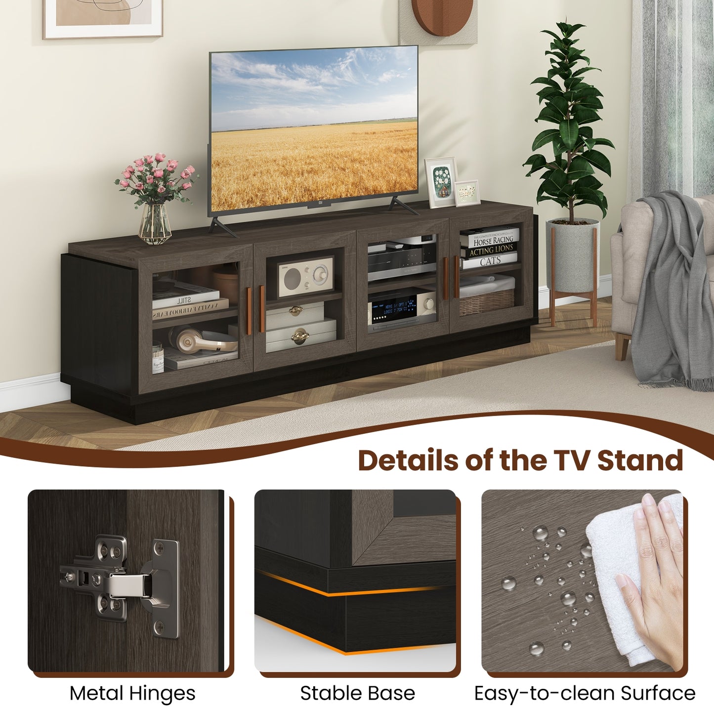 Modern TV Console with 4 Glass Door Cabinets for TVs up to 75 Inches - Grey