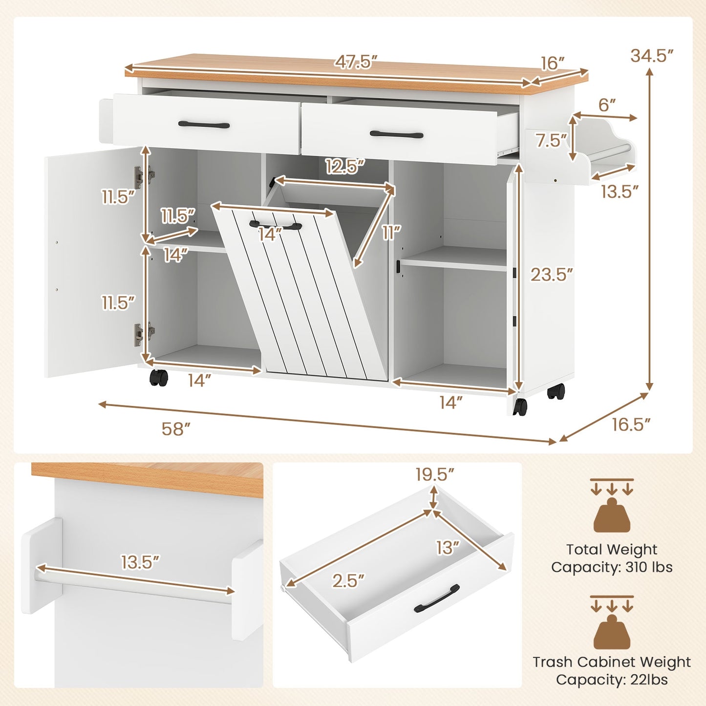 Rolling Kitchen Island Cart with Trash Cabinet Storage Drawers Adjustable Shelves and Spice Rack - White