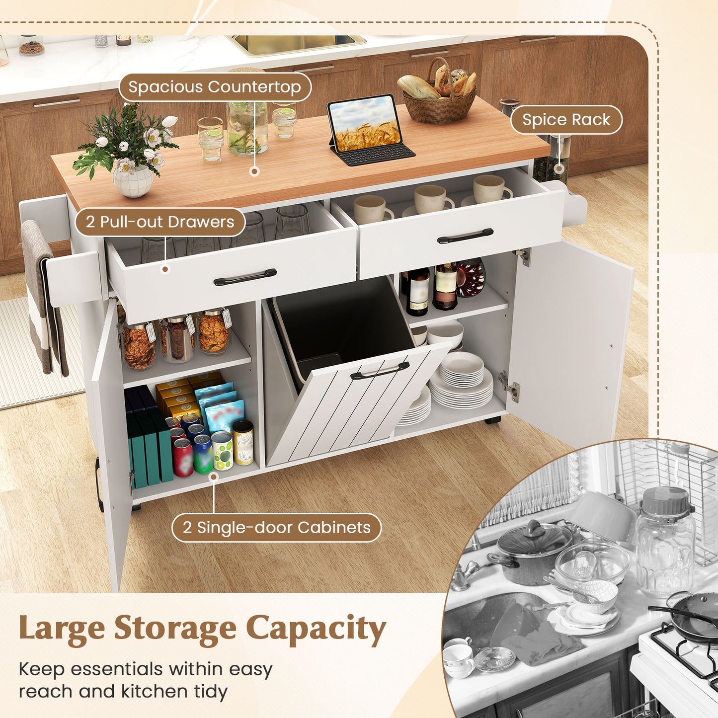 Rolling Kitchen Island Cart with Trash Cabinet Storage Drawers Adjustable Shelves and Spice Rack - White