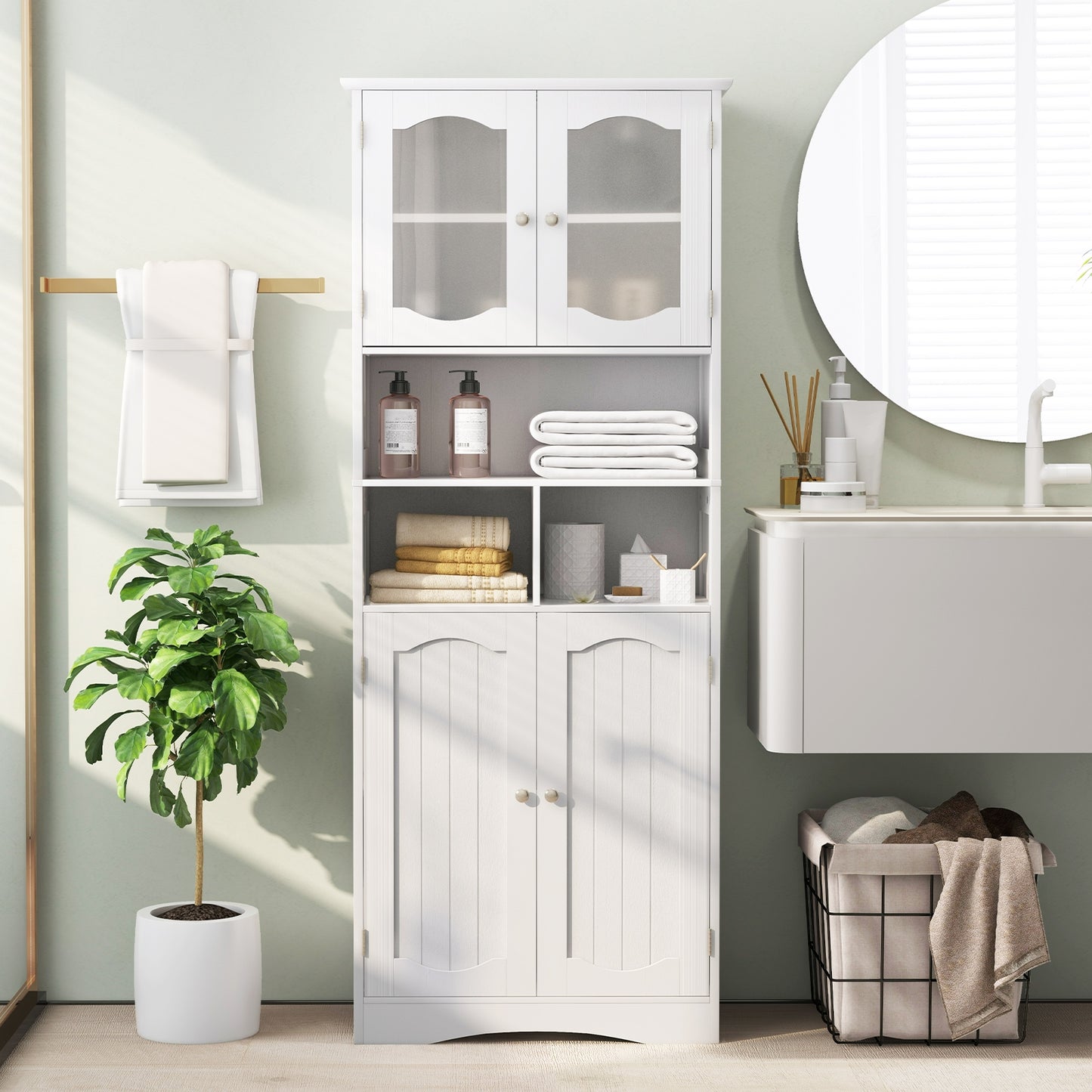 58.5 Inch Freestanding White Linen Cabinet with Frosted Glass Doors & Adjustable Shelves
