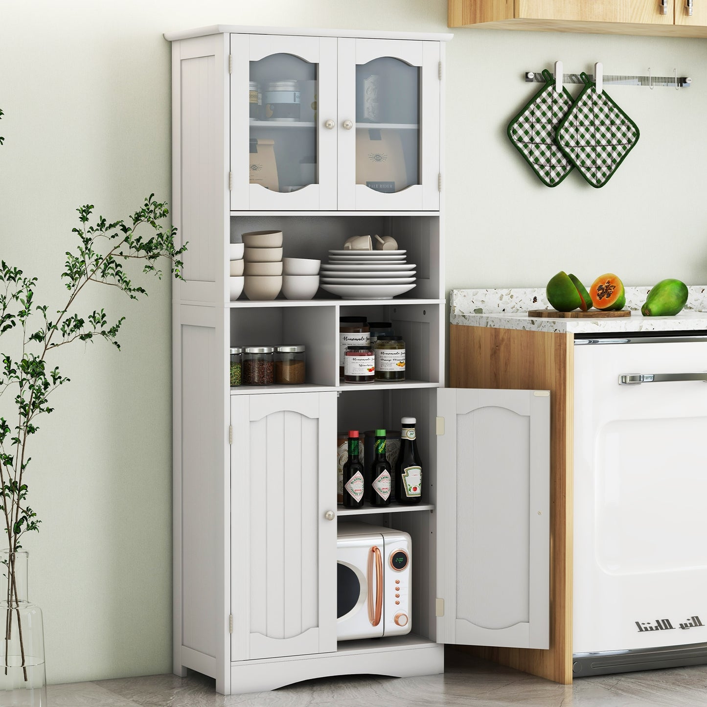58.5 Inch Freestanding White Linen Cabinet with Frosted Glass Doors & Adjustable Shelves