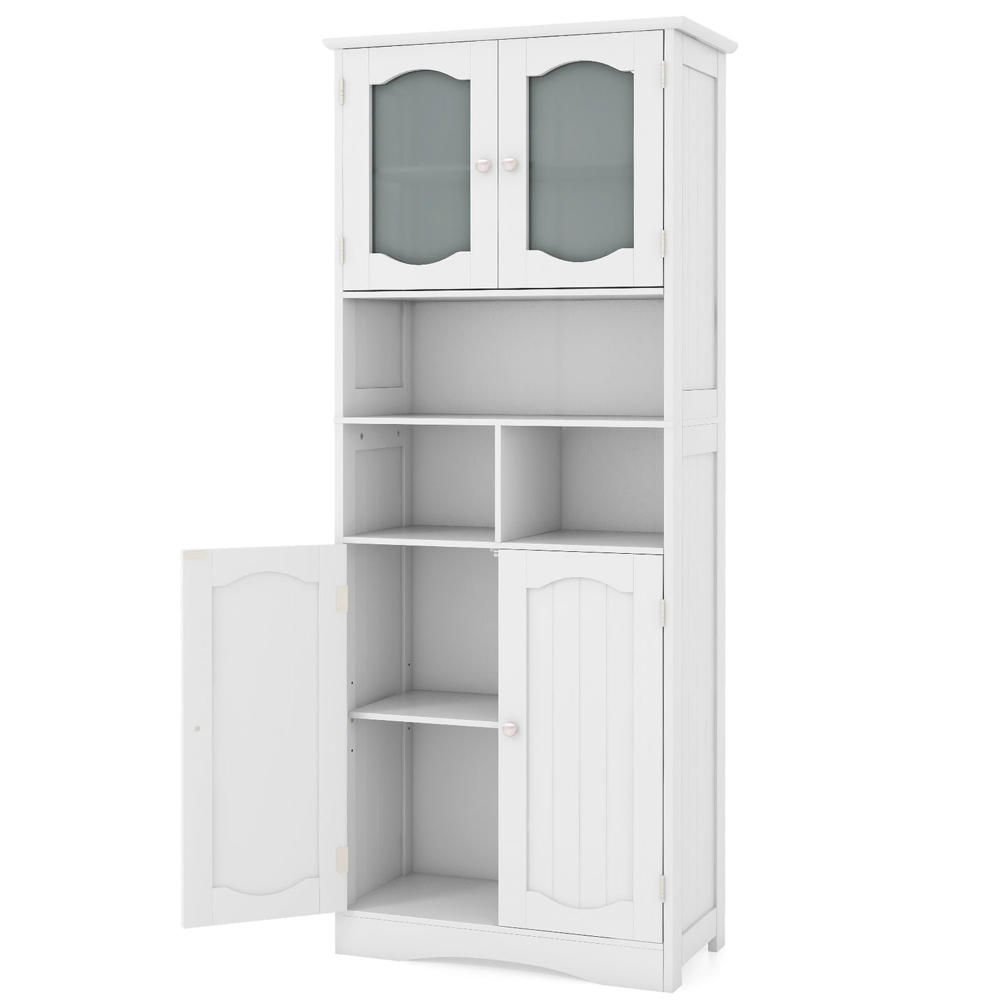58.5 Inch Freestanding White Linen Cabinet with Frosted Glass Doors & Adjustable Shelves