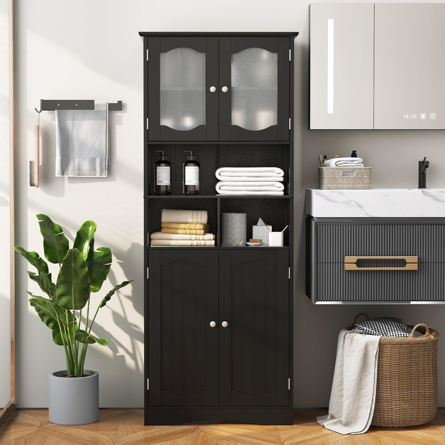 58.5 Inch Freestanding Black Linen Cabinet with Frosted Glass Doors & Adjustable Shelves