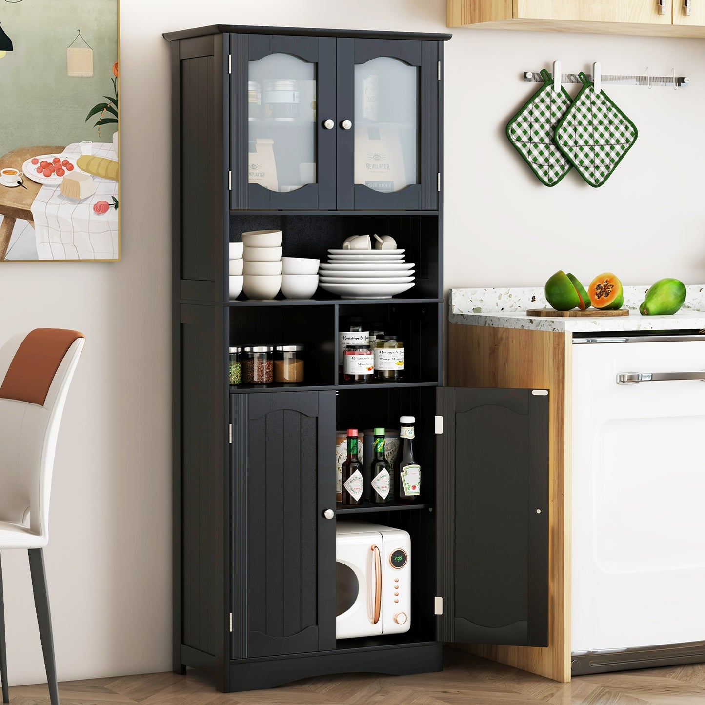 58.5 Inch Freestanding Black Linen Cabinet with Frosted Glass Doors & Adjustable Shelves