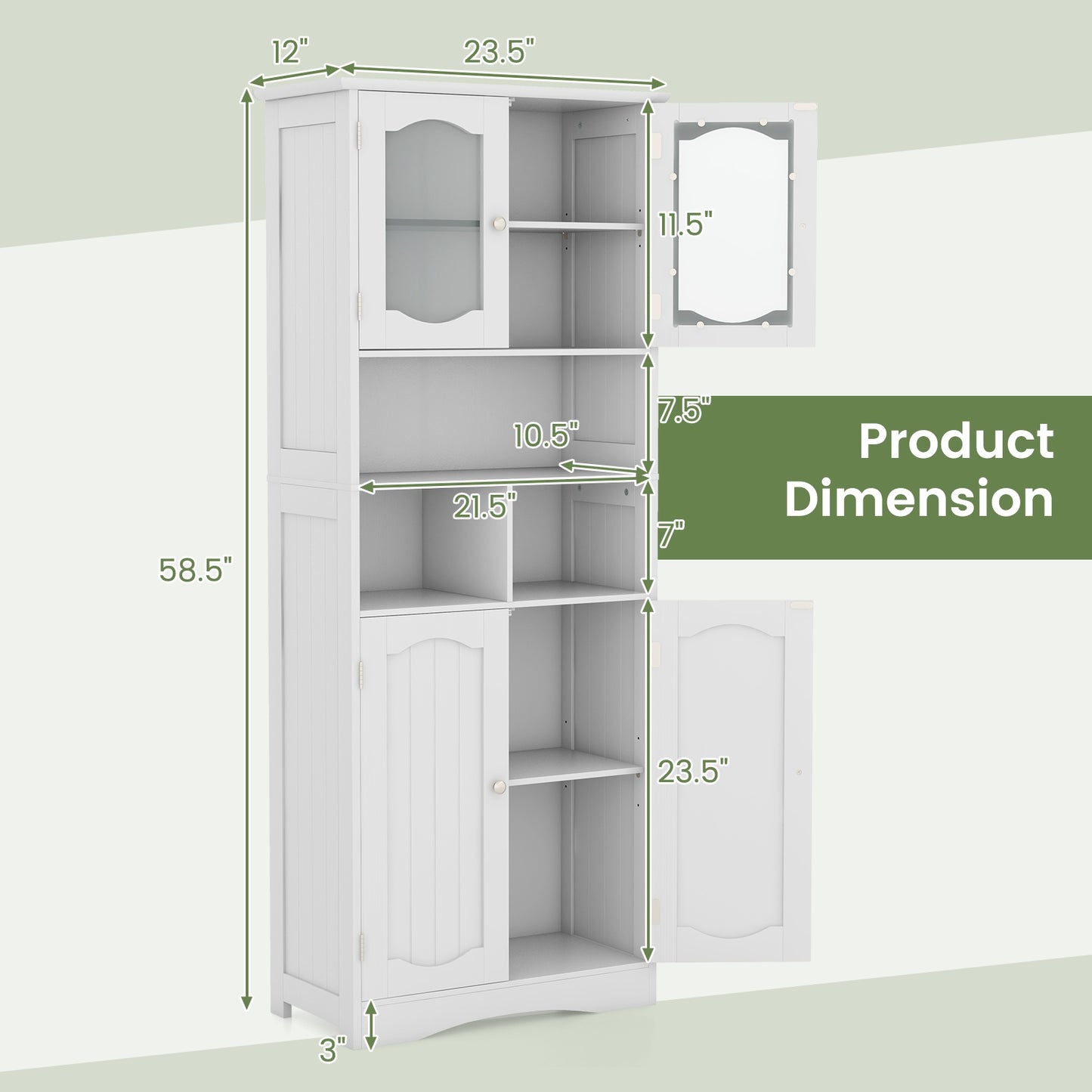 58.5 Inch Freestanding White Linen Cabinet with Frosted Glass Doors & Adjustable Shelves