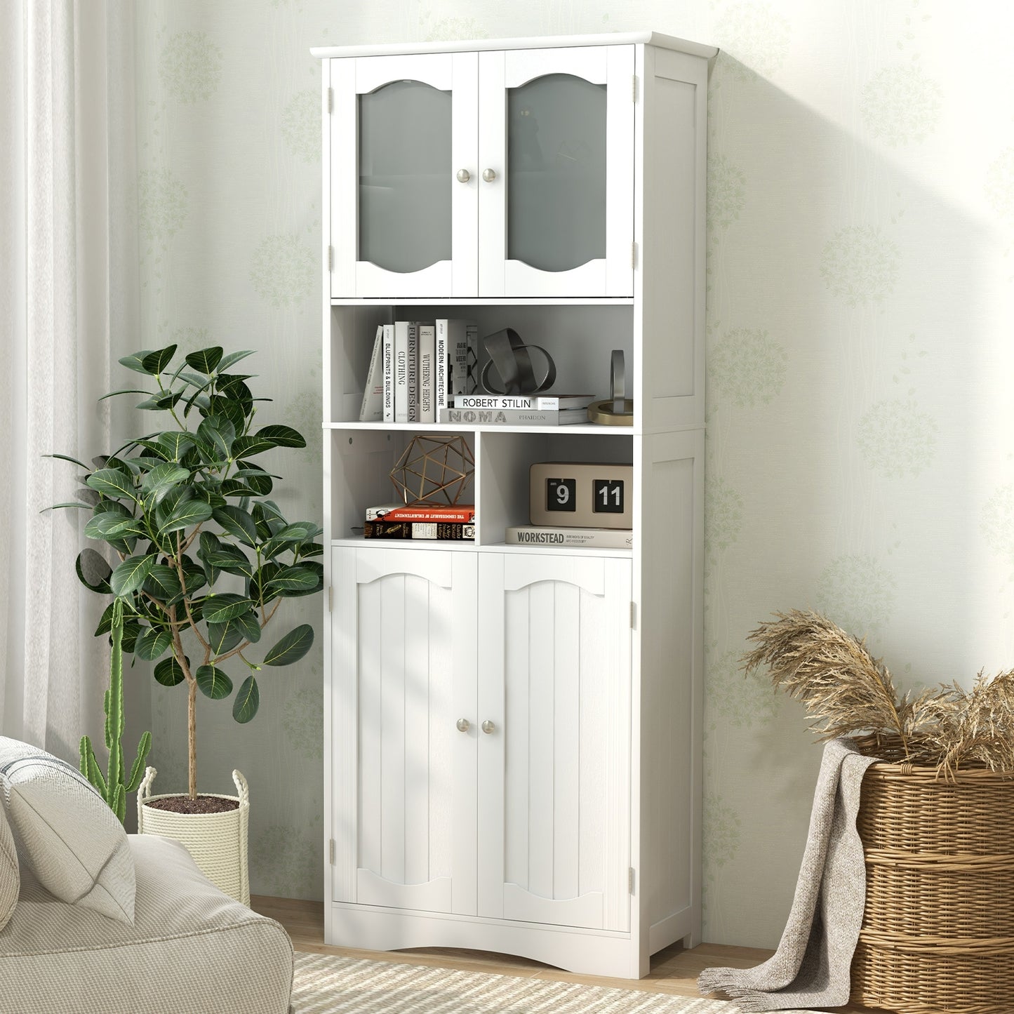 58.5 Inch Freestanding White Linen Cabinet with Frosted Glass Doors & Adjustable Shelves