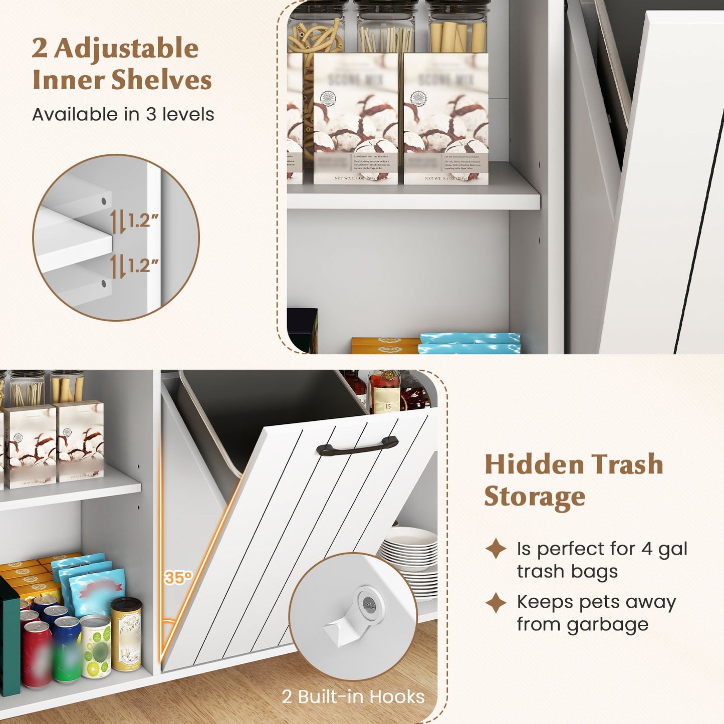 Rolling Kitchen Island Cart with Trash Cabinet Storage Drawers Adjustable Shelves and Spice Rack - White