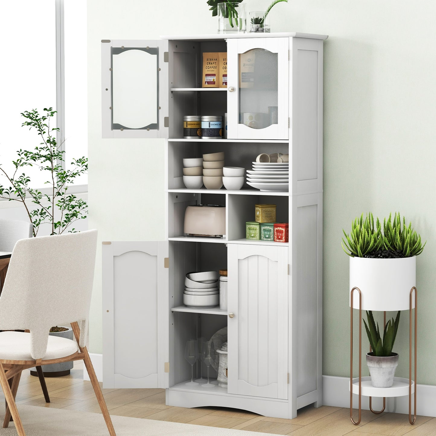 58.5 Inch Freestanding White Linen Cabinet with Frosted Glass Doors & Adjustable Shelves
