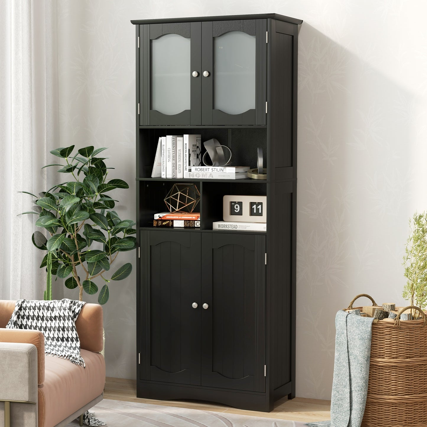 58.5 Inch Freestanding Black Linen Cabinet with Frosted Glass Doors & Adjustable Shelves