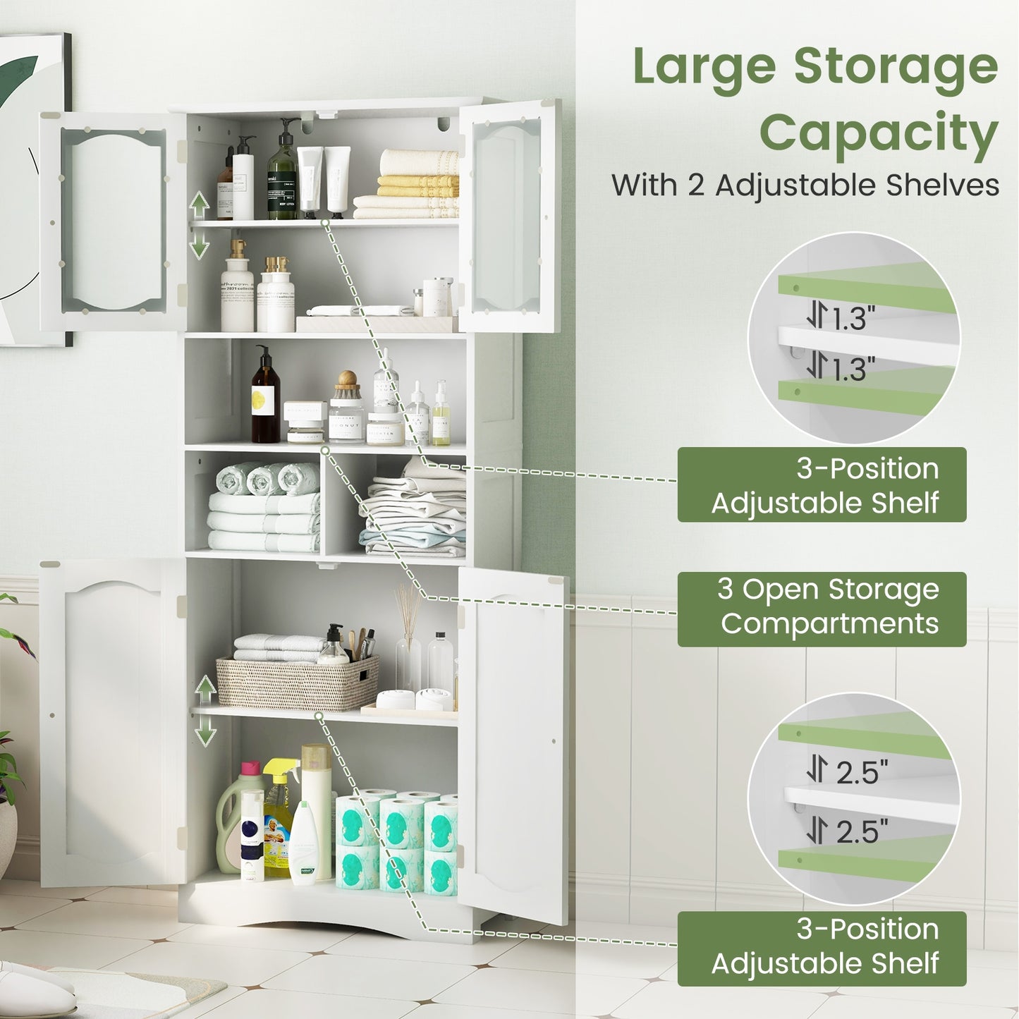 58.5 Inch Freestanding White Linen Cabinet with Frosted Glass Doors & Adjustable Shelves