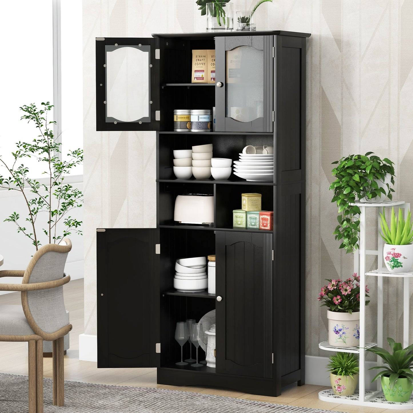 58.5 Inch Freestanding Black Linen Cabinet with Frosted Glass Doors & Adjustable Shelves