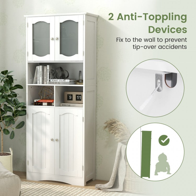 58.5 Inch Freestanding White Linen Cabinet with Frosted Glass Doors & Adjustable Shelves