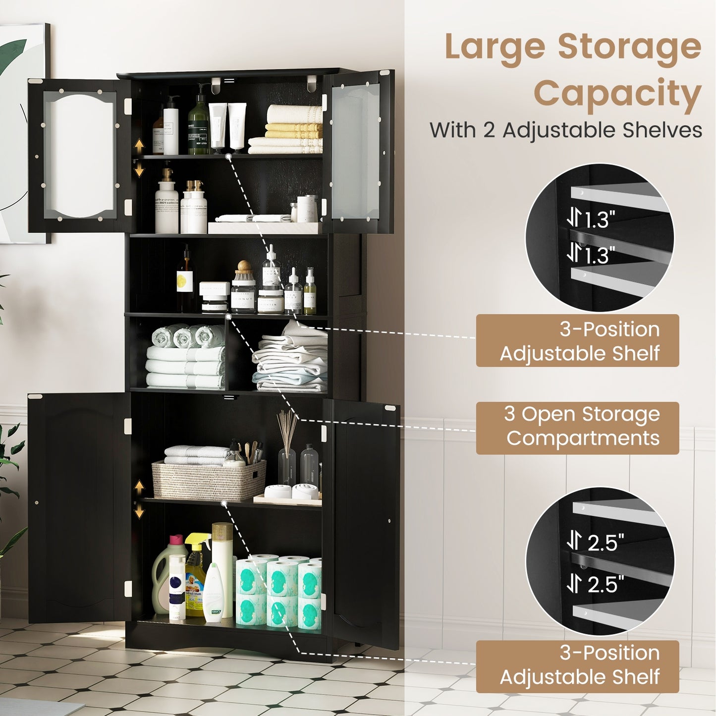 58.5 Inch Freestanding Black Linen Cabinet with Frosted Glass Doors & Adjustable Shelves