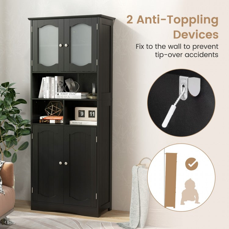58.5 Inch Freestanding Black Linen Cabinet with Frosted Glass Doors & Adjustable Shelves