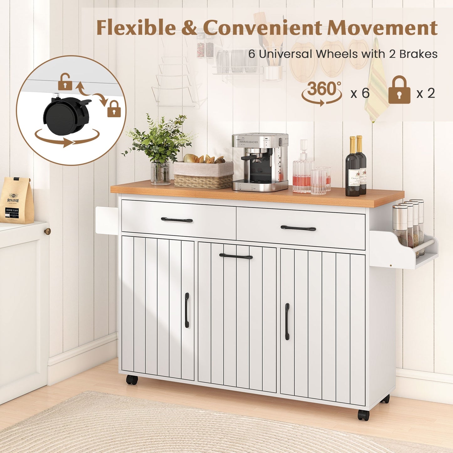 Rolling Kitchen Island Cart with Trash Cabinet Storage Drawers Adjustable Shelves and Spice Rack - White