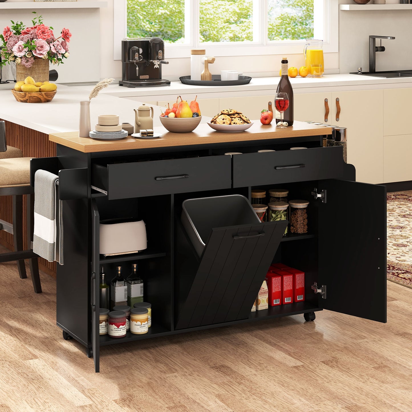 Rolling Kitchen Island Cart with Trash Cabinet Storage Drawers Adjustable Shelves and Spice Rack - Black